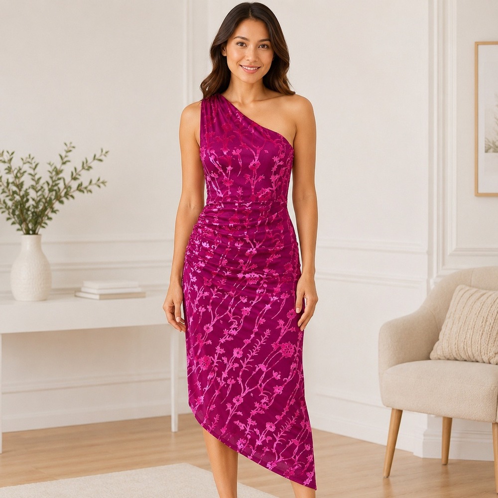 Hutch One Shoulder Maxi Dress XXS Pink Floral Velvet Burnout Ruched Asymmetrical